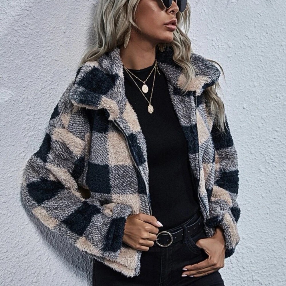 Plaid Print Zip Up Drop Shoulder Teddy Jacket